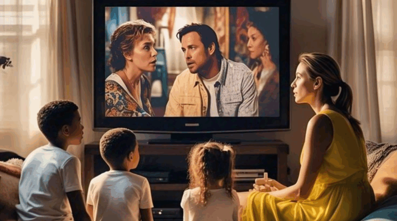 Foto ilustrativa para mostrar uma família reunida à frente da televisão