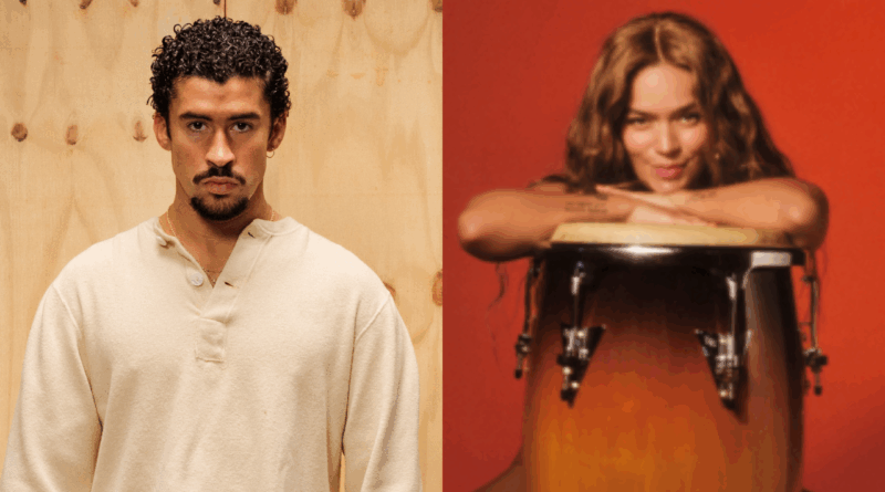 Fotomontagem. À esquerda Bad Bunny; à direita Karol G