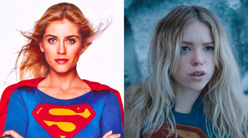 Foto-montagem da atriz Helen Slater à esquerda e Milly Alcock na versão 2026 da heroín da DC
