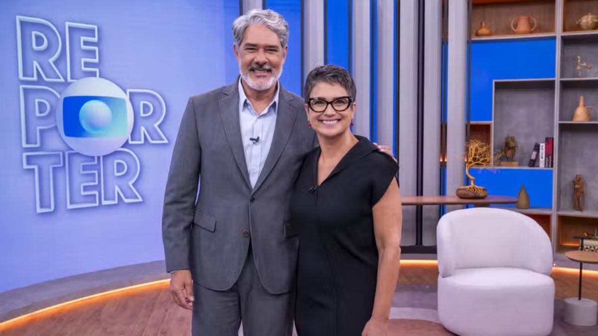 Willian Bonner e Sandra Annenberg no cenário do Globo Repórter