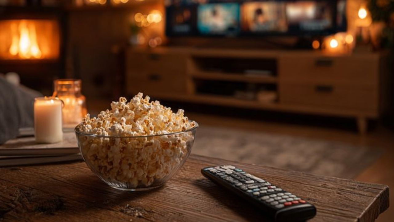 Foto de uma pipoca e um controle remoto para ilustrar o título da matéria 7 filmes e séries para assistir no Dia da Mulher