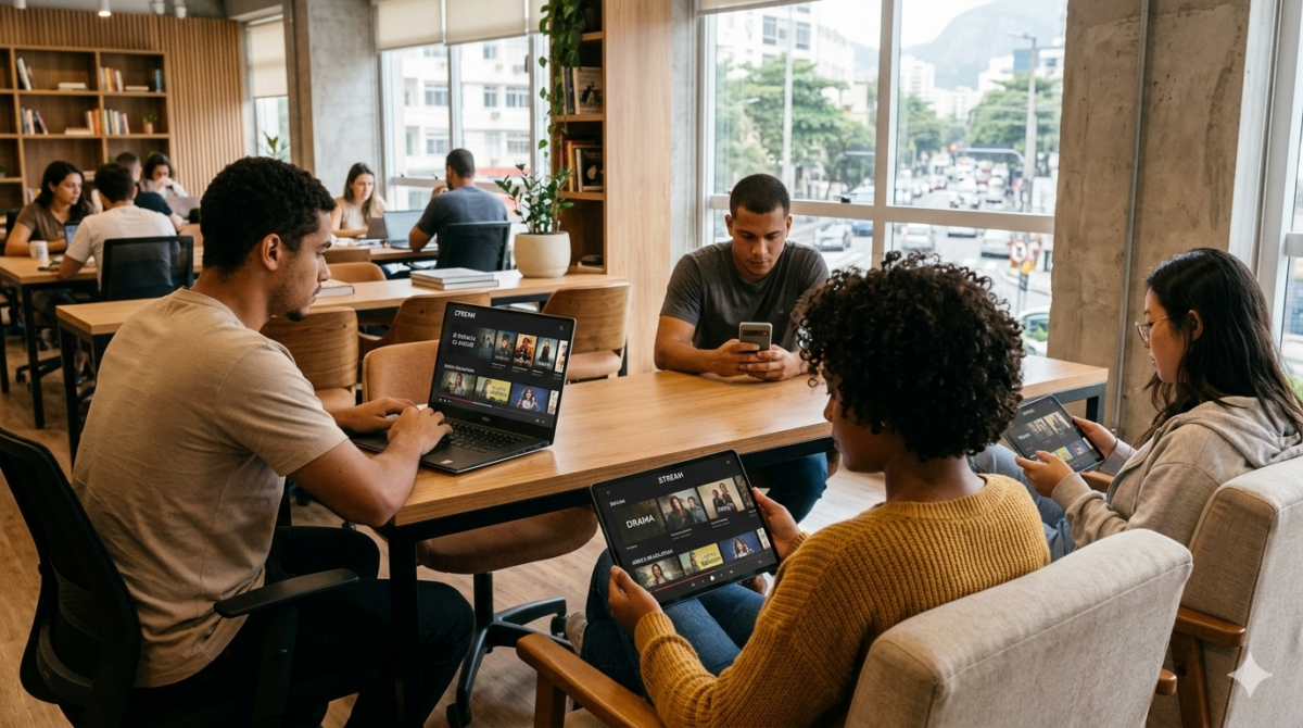 Jovens brasileiros assistindo séries e filmes em smartphone, tablet e notebook em 2026, ilustrando o crescimento do streaming no Brasil e o consumo multiplataforma