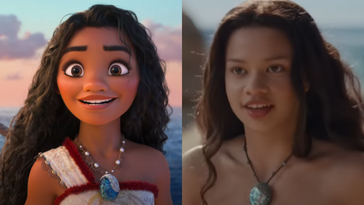 Na esquerda, Moana em animação; a direita, Moana em live-action