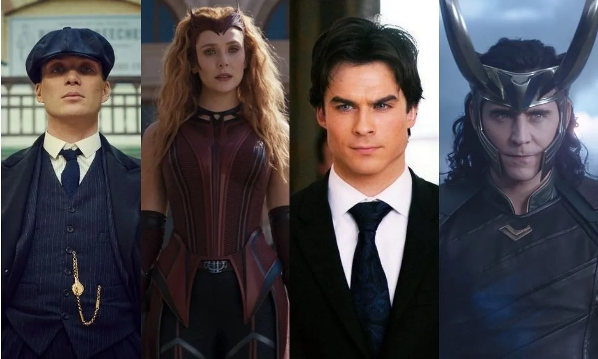 foto-montagem com Thomas Shelby, Wanda, Damon Salvatore e Loki