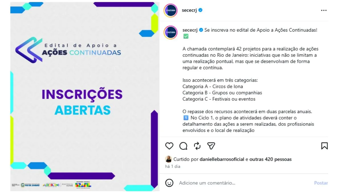 Publicação oficial da abertura das inscrições do edital Apoio a Ações Continuadas