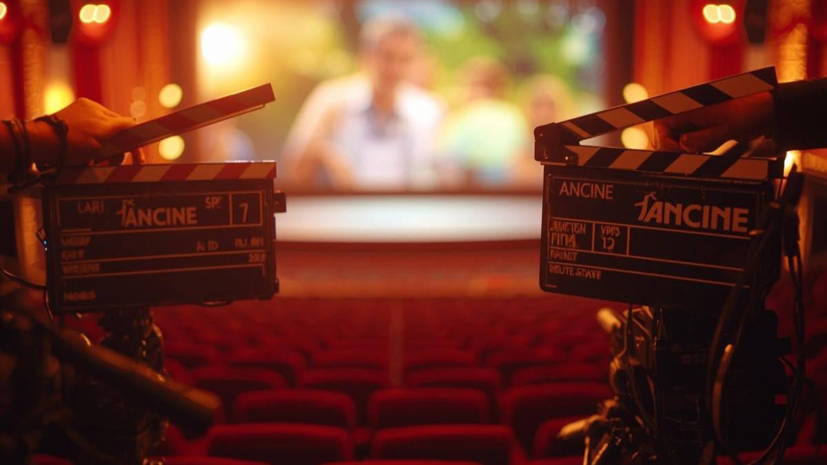 foto ilustrativa de uma sala de cinema, claquete e camera de cinema