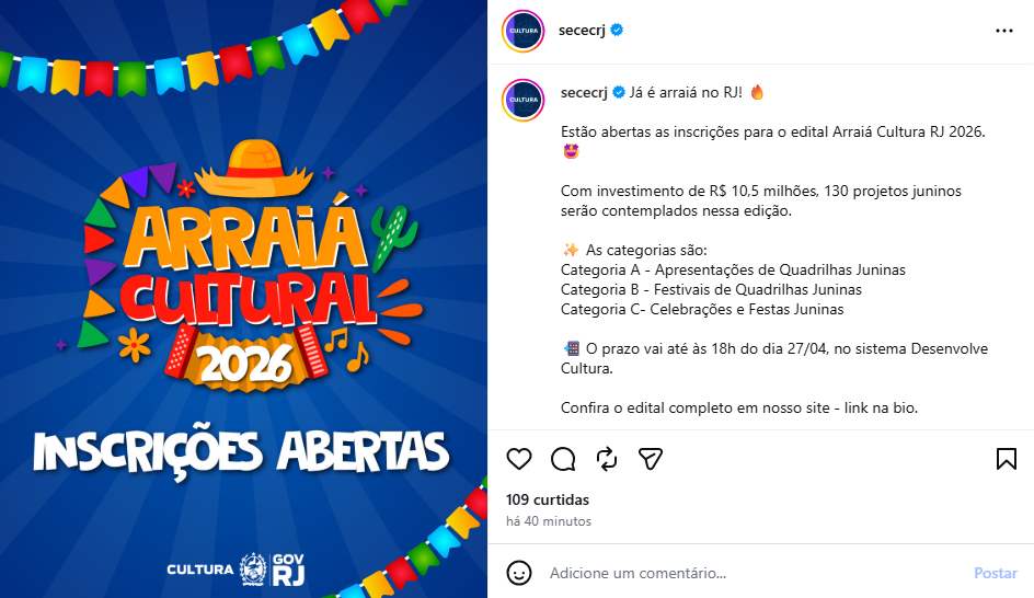 Publicação sobre o edital Arraiá Cultural 2026