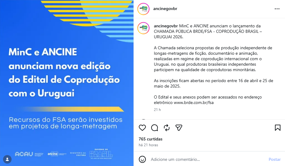 Foto da publicação da ANCINE nas redes sociais oficial