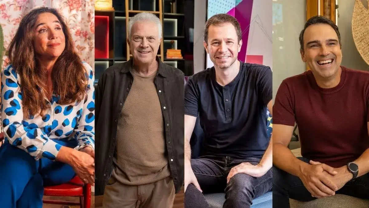Foto montagem da esquerda para a direita: Marisa Orth, Pedro Bial, Thiago Leifeth e Tadeu Schimidt