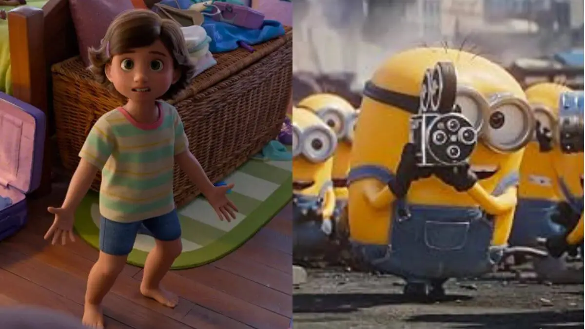 Fotomontagem. À direita, Bonnie de Toy Story 5; a esquerda, Minions