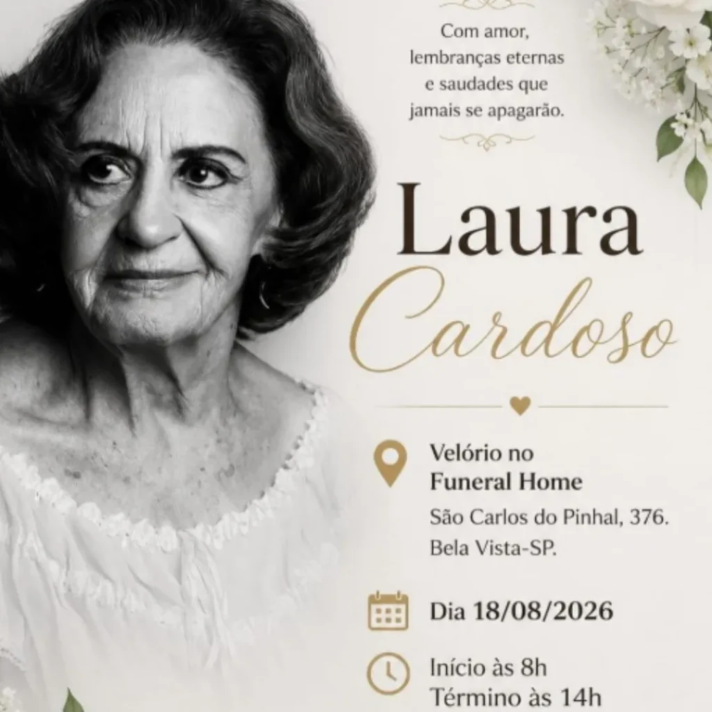 Imagem de uma arte mostrando as informações sobre o velório e enterro da atriz Laura Cardoso