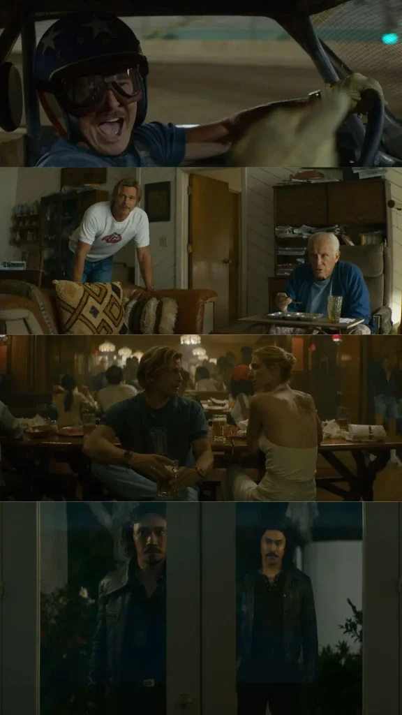 Montagem com cenas promocionais de divulgação do novo filme de Brad Pitt, As Novas Desventuras de Cliff Booth da Netflix