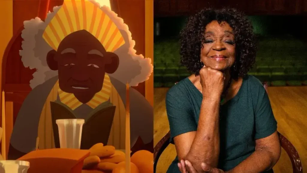 Foto-montagem de Tonha, personagem da animação Amadeo e o Hipotético Mundo Novo à esquerda e Léa Garcia à direita. Filme terá estreia no Festival do Rio 2026