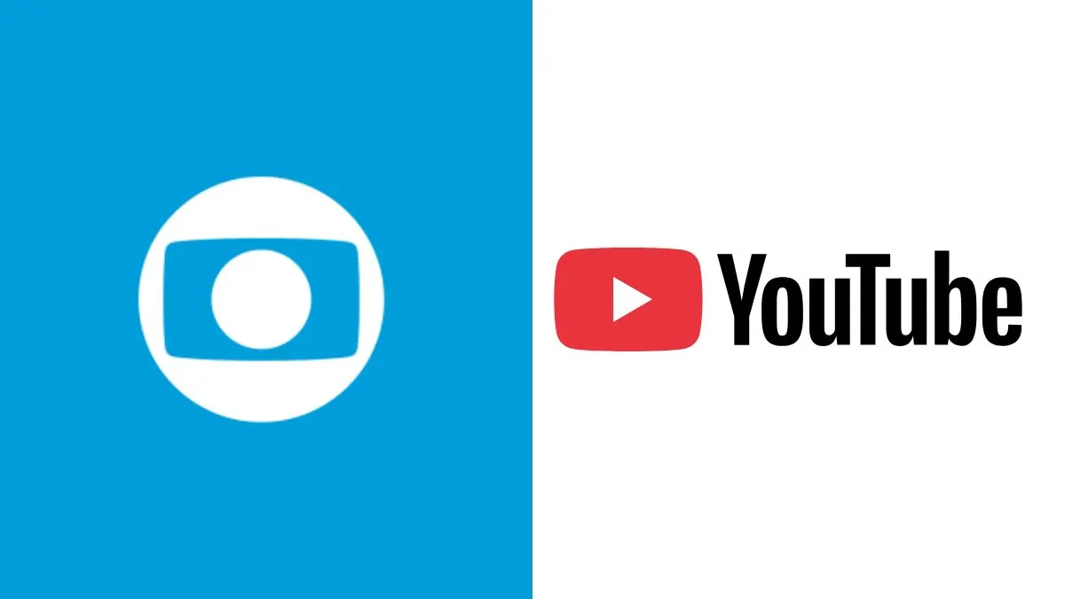 foto montagem. À esquerda: logo da globo branca com fundo azul; à direita: logo do Youtube com fundo branco. Logos de onde terá debate para presidência do Brasil 2026